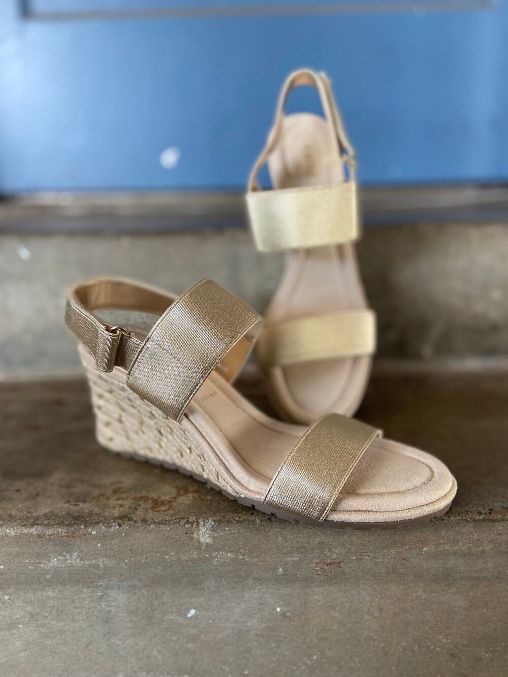 Anne Klein Silvy metallic gold espadrille wedge sandals w/ adjustable back strap